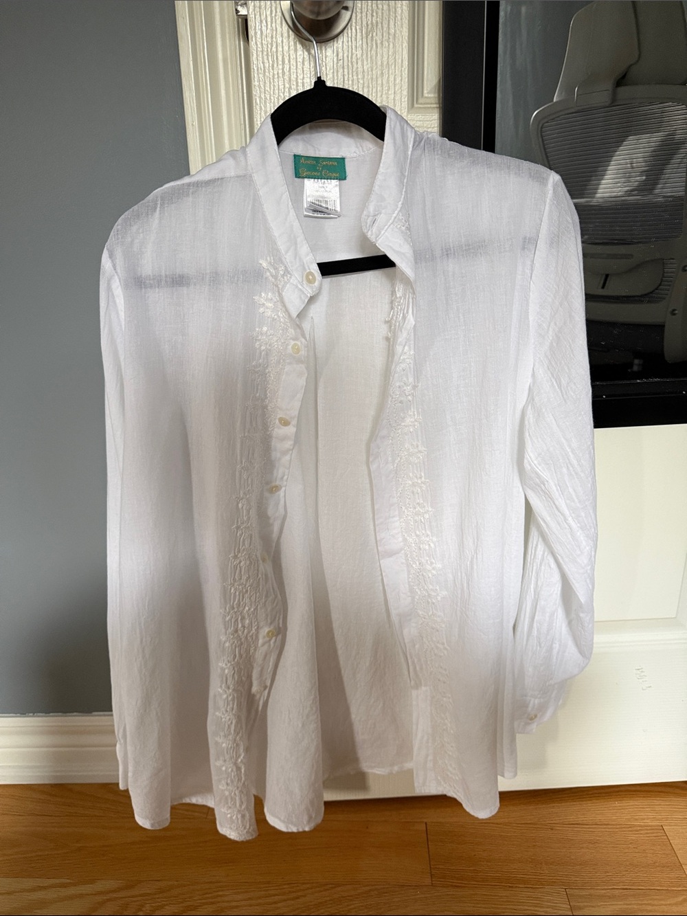 White Unisex Button-Front Embroidered Shirt - Lightweight